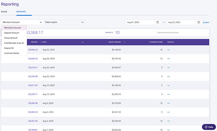 CardX deposits reporting section in the merchant portal with sample data.