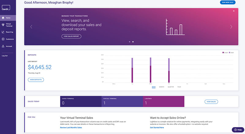 CardX merchant portal dashboard with sample data.