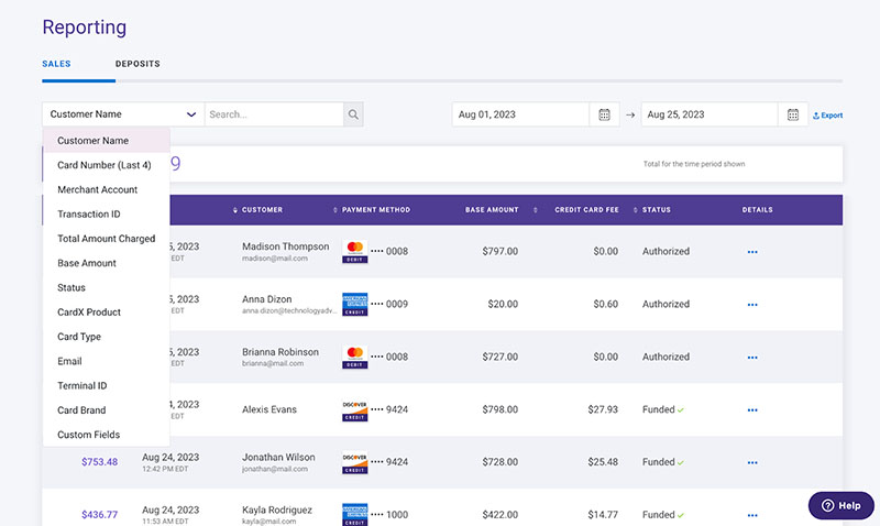 CardX reporting tab in the merchant portal with sample data.