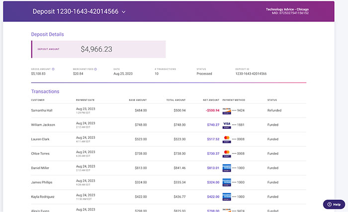 CardX sample batch settlement details in the merchant portal.