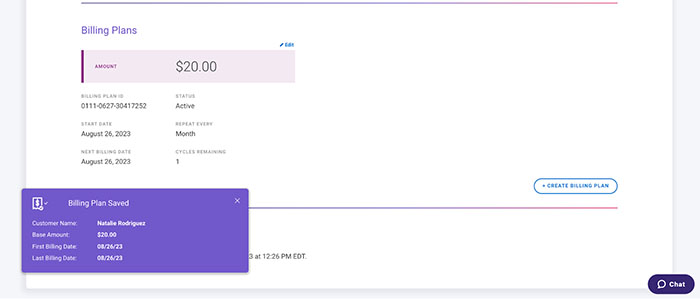 CardX sample billing plans listed in the customer profile.