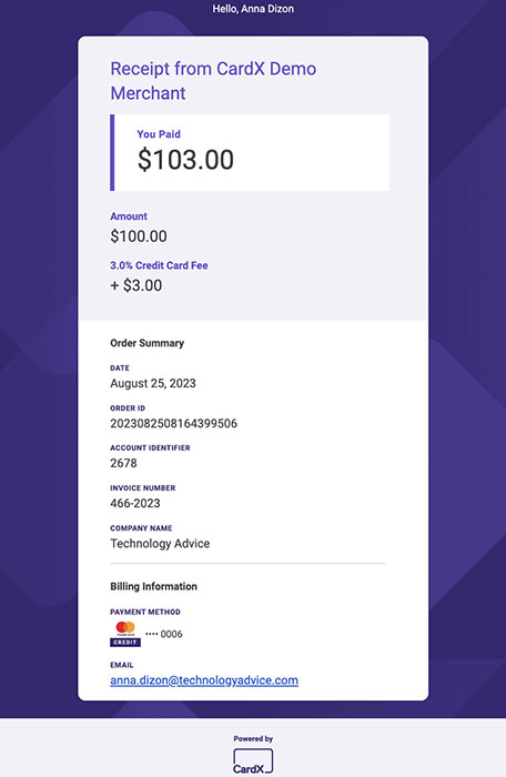 CardX sample digital customer receipt.