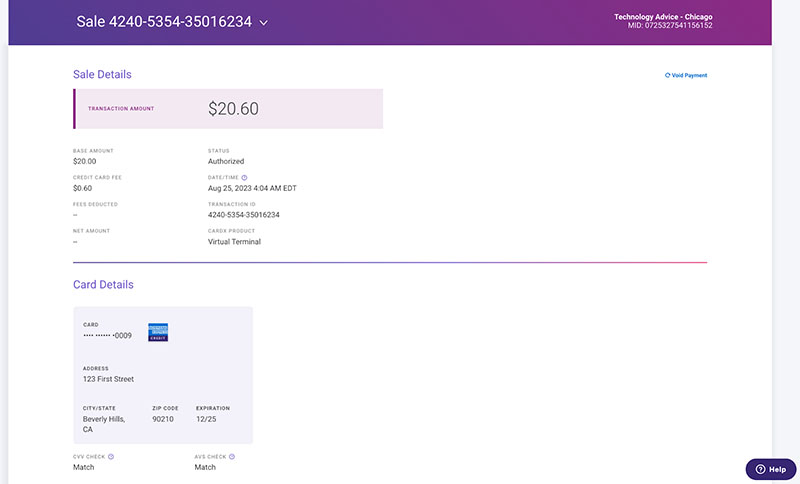 CardX sample sales transaction details in the reporting section of the merchant portal.