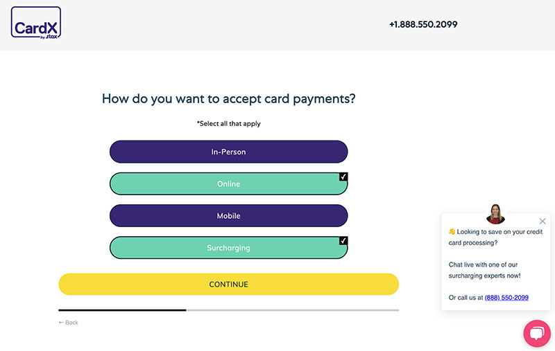 CardX signup form example asking users how they want to accept card payments.