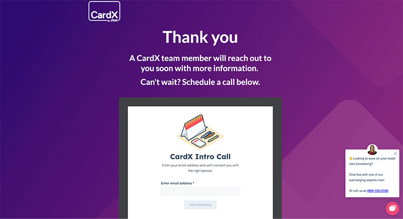 Completed CardX signup form with option to add an email address to request for faster callback.