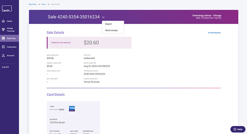 CardX transaction details page in the merchant portal.