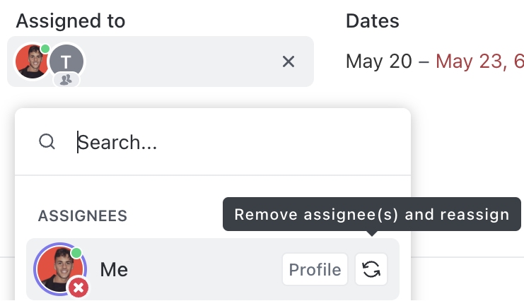 A screenshot of how to remove and reassign tasks to team members in ClickUp.