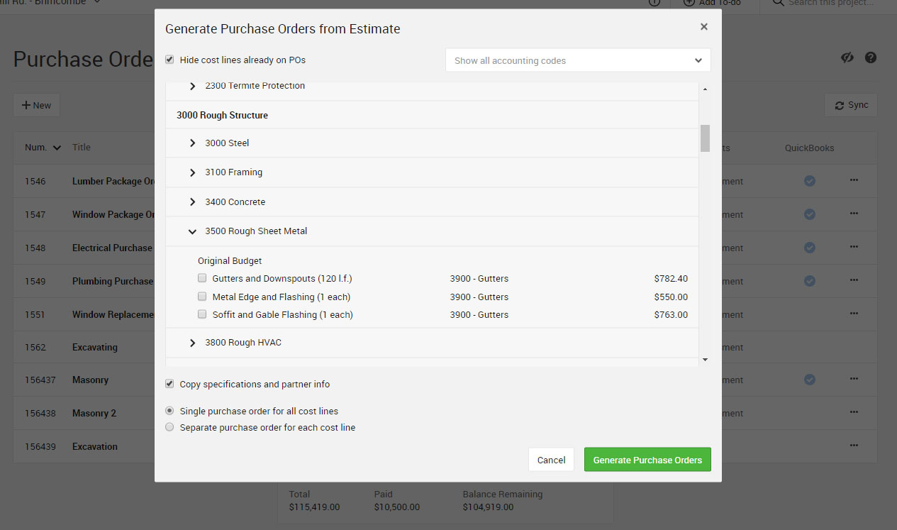 Screen where you can generate a purchase order from an existing estimate in CoConstruct.
