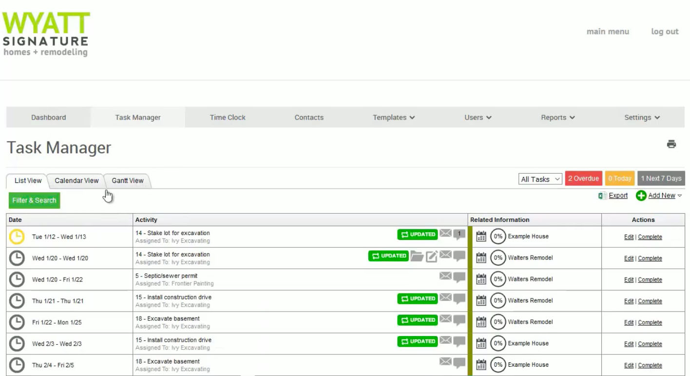CoConstruct's task manager with three display options, namely list view, calendar view, and Gantt view.