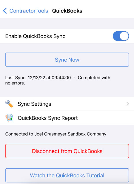 Screen in ContractorTools indicating that QuickBooks has been successfully connected to the system.
