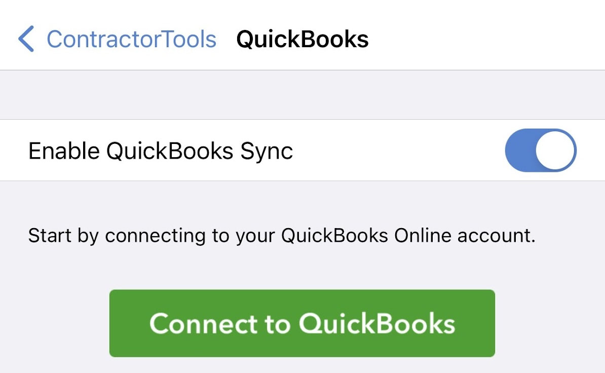 Screen where you can set up QuickBooks integration in ContractorTools.