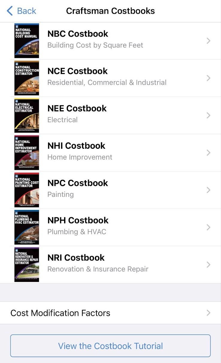 Screen where you can copy Craftsman Costbooks items to add to your estimates.