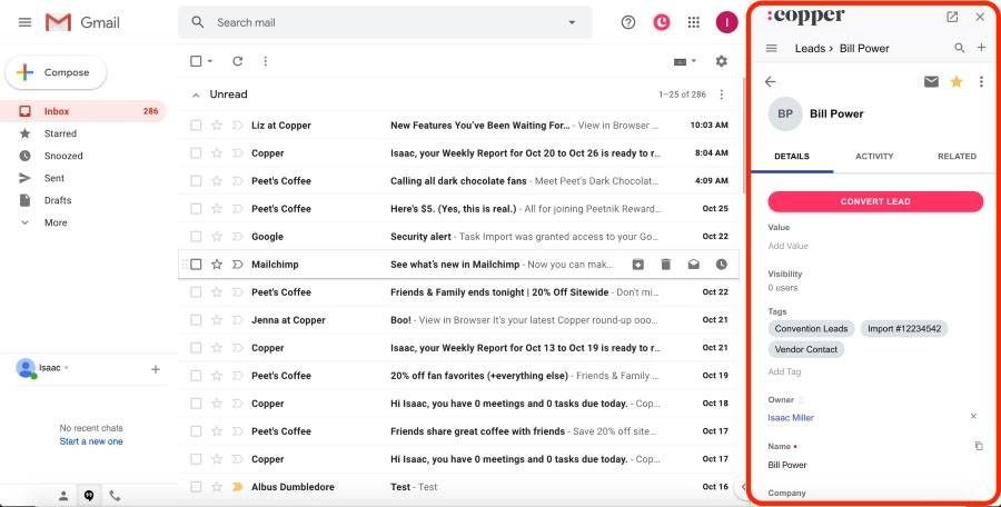Copper CRM Google Chrome extension in Gmail inbox.