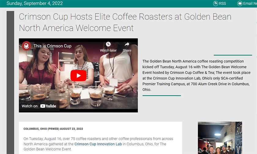 screenshot of crimson cup press release announcing their elite coffee roasters competition