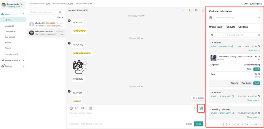 TikTok Seller Center Customer Service Workbench window beside the chat window
