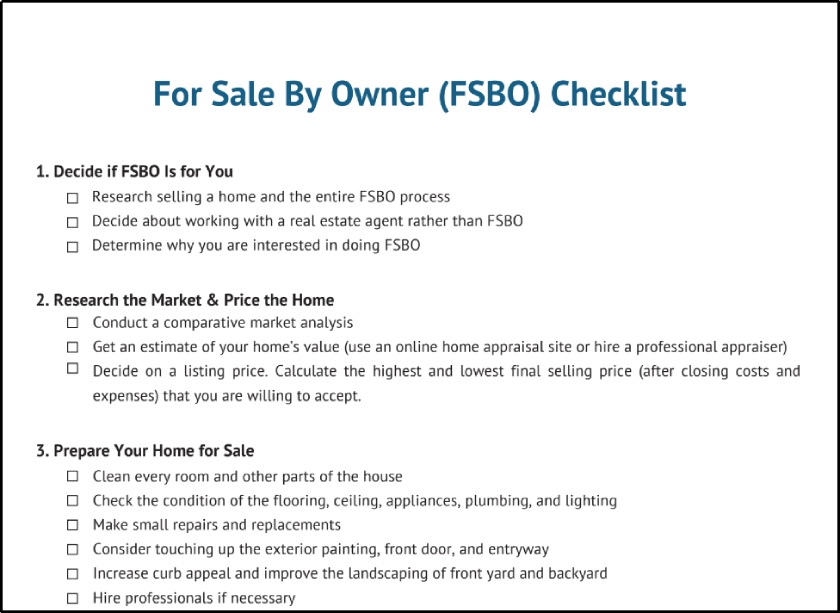 Preview of For Sale by Owner Checklist template.