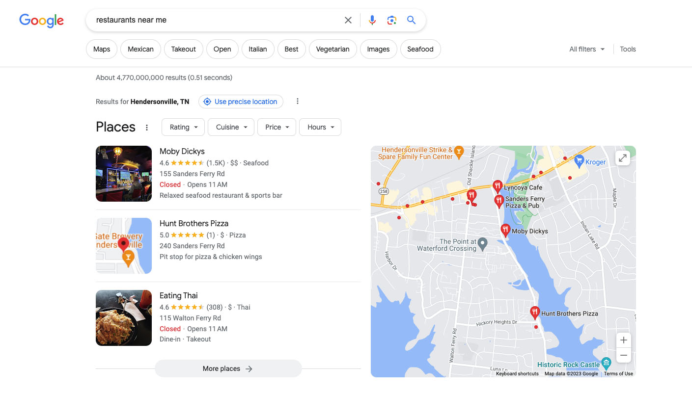 The Google map pack showing restaurants near me.