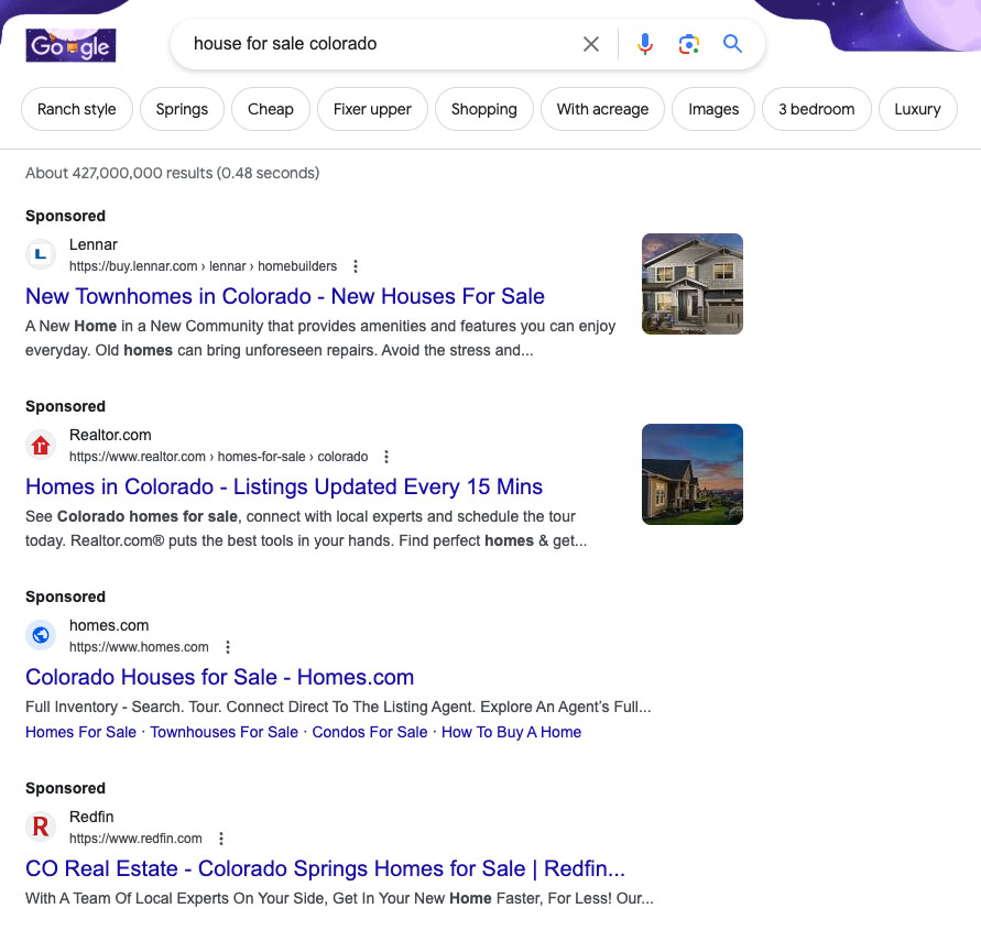 Google search results for "house for sale Colorado".