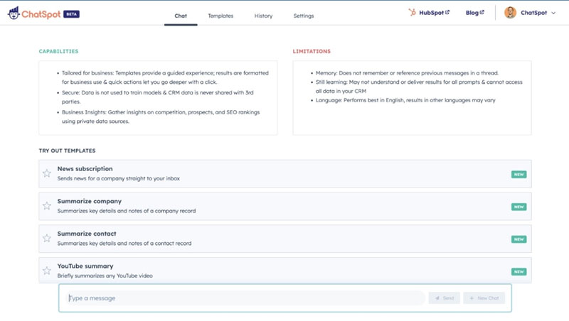 A list of the capabilities and limitations of HubSpot CRM's AI sales and marketing assistant ChatSpot.