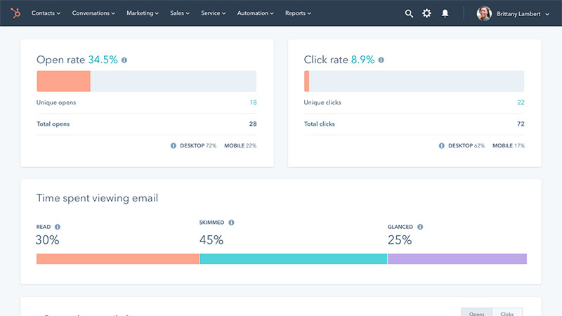 An example of a HubSpot CRM email status and view report.