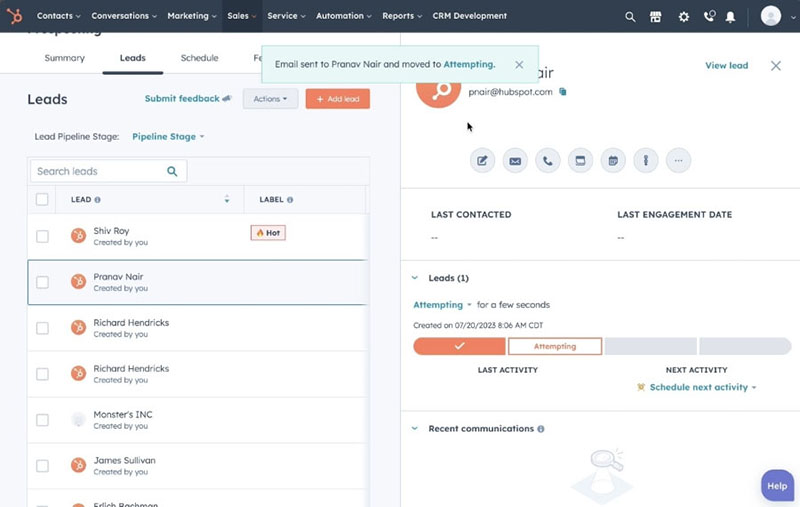 An example of HubSpot CRM's lead pipeline management tab.