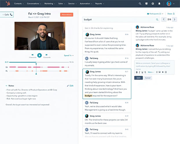 An example of HubSpot CRM's sales analytics tool with rep performance insights.