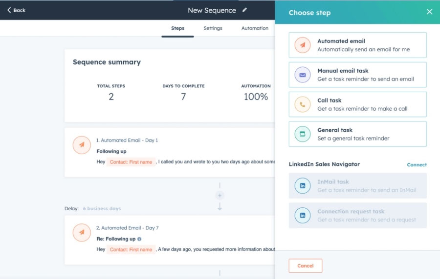 HubSpot CRM's sales automation tools for emails, calls, and general tasks.