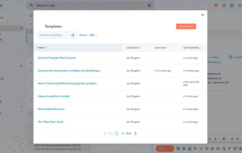 An example of how HubSpot CRM users can send email templates from their inbox.