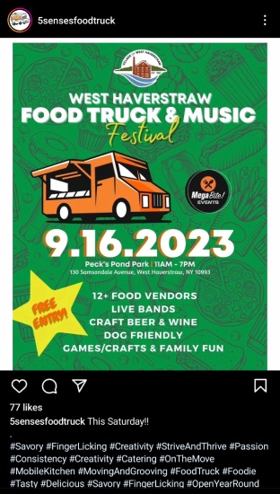 Instagram post by 5 Senses Food Truck announcing its participation in a food truck festival.