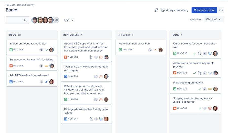 Jira's board interface listing the status of different tasks.