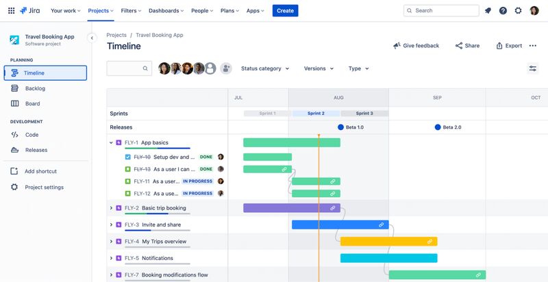 The Jira project timeline view displaying color-coded sprints, tasks, and releases.