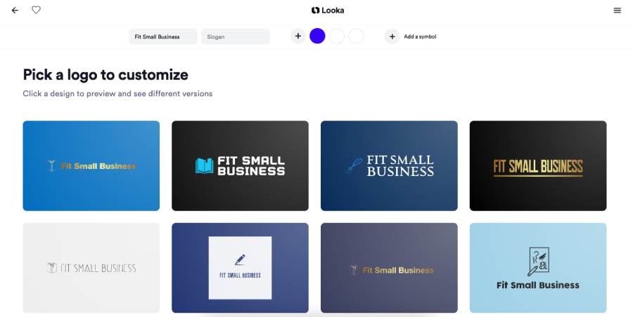 Looka's AI generating mockups of the Fit Small Business logo.