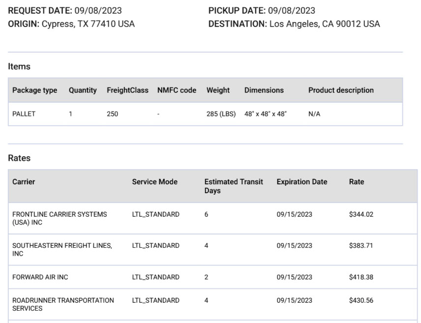 A screenshot showing four freight quotes from various carrier companies for a 285-pound package traveling from Texas to California.