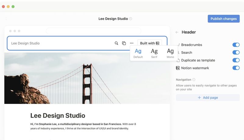 Designing a web page, header, and banner image using Notion's website creation tool.