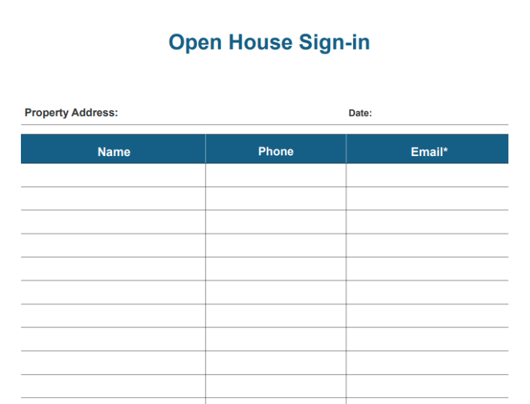 Open house sign-in sheet template example.