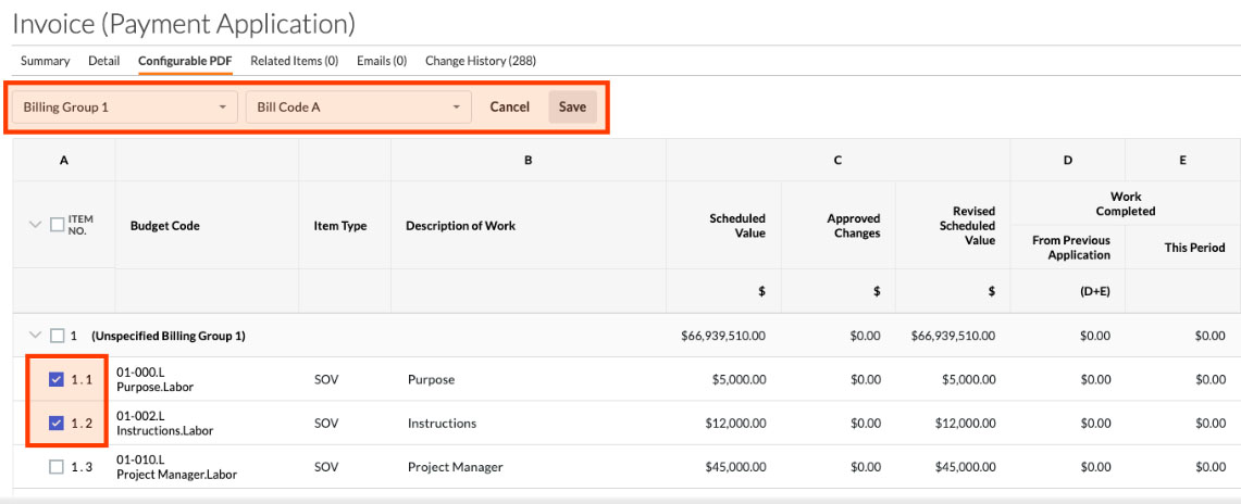 Customizing invoice line items in an owner invoice through grouping options.