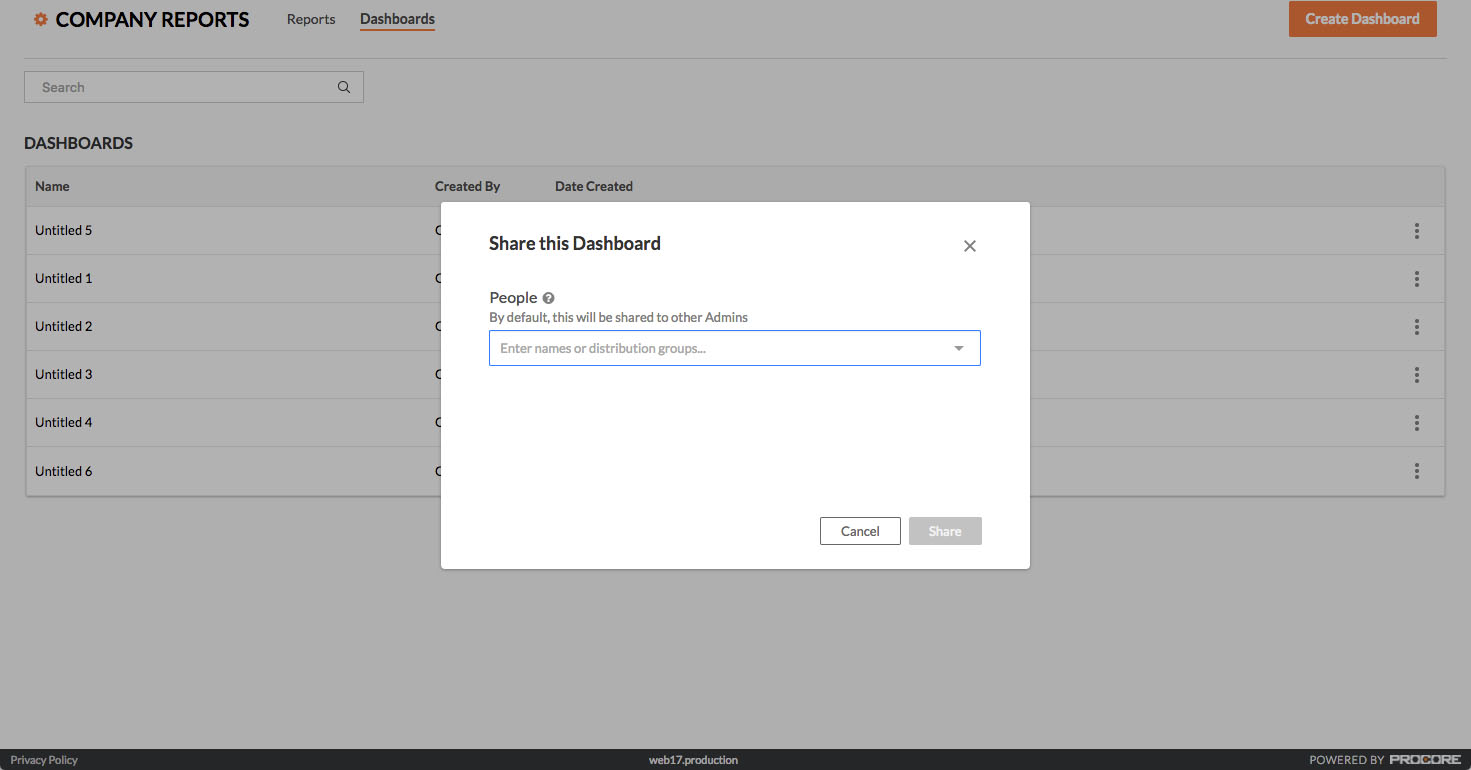 Reporting dashboard in Procore showing a popup window that lets you share the dashboard with other team members.
