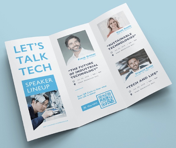 Tech company brochure with a QR code.