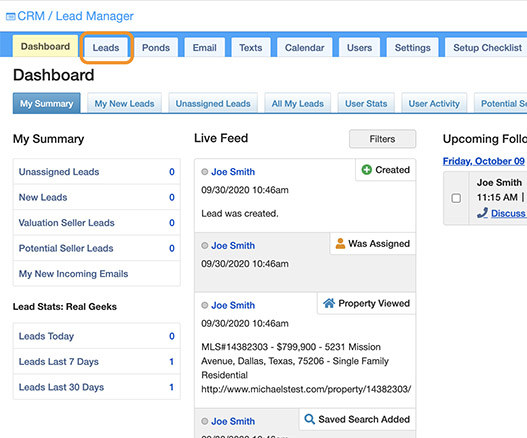 Real Geeks Lead Manager CRM dashboard