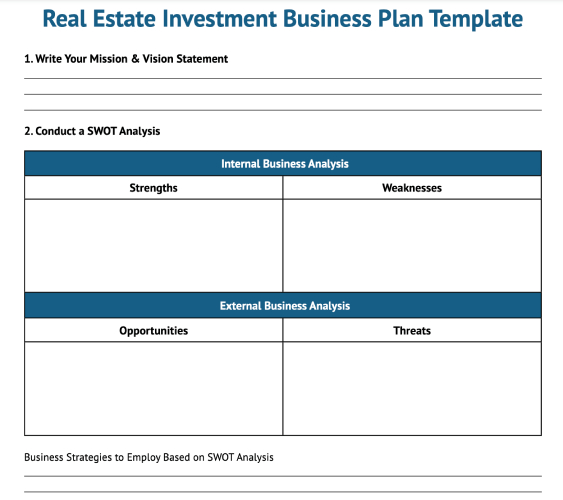 Real estate investment business plan template example from Fit Small Business.