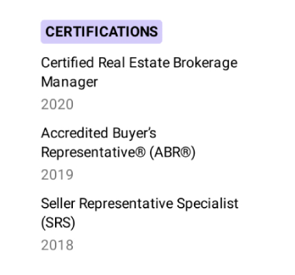 Example certification section from a real estate resume.