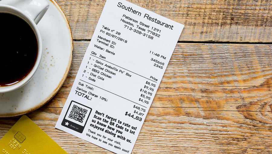Receipt with QR Code Link for Google Review ALT: An example of a restaurant adding QR codes to receipts to get more Google reviews.