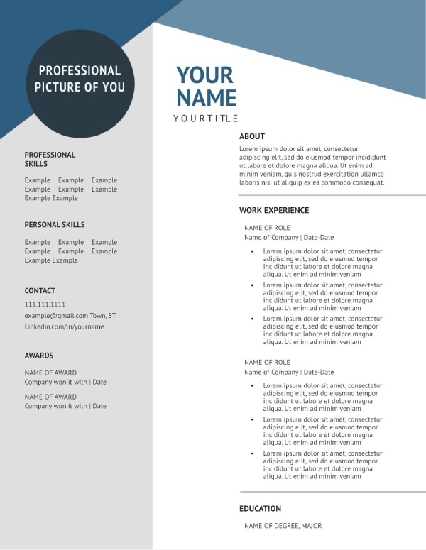 Sample of a resume with darker left margin and professional picture.