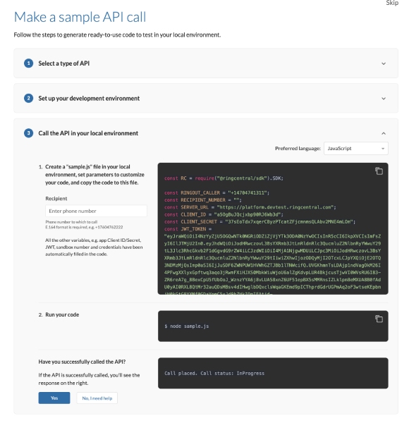 A RingCentral Developers webpage outlining the steps for creating a ready-to-use code for an API call.