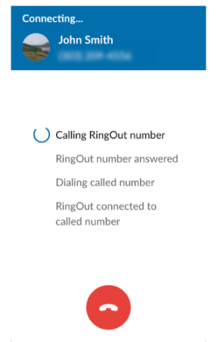A smartphone screen showing a call being connected via RingCentral's RingOut feature.