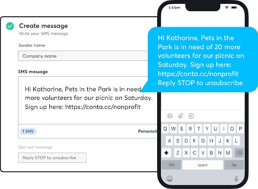 Content field to create blue text message box on mobile phone.