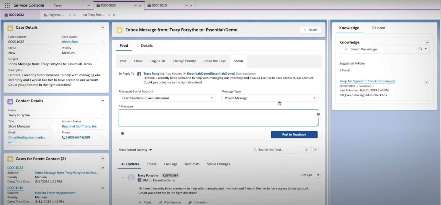 An example of Salesforce Essentials Service Console with case management features.