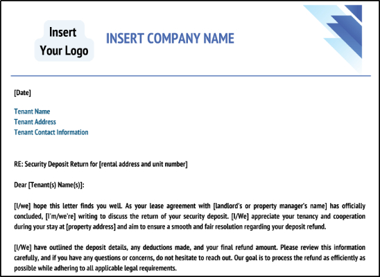 Screenshot of Security Deposit Return Letter Template.