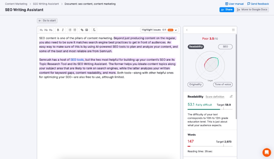 Sample SEO Analysis by Semrush's SEO Writing Assistant.