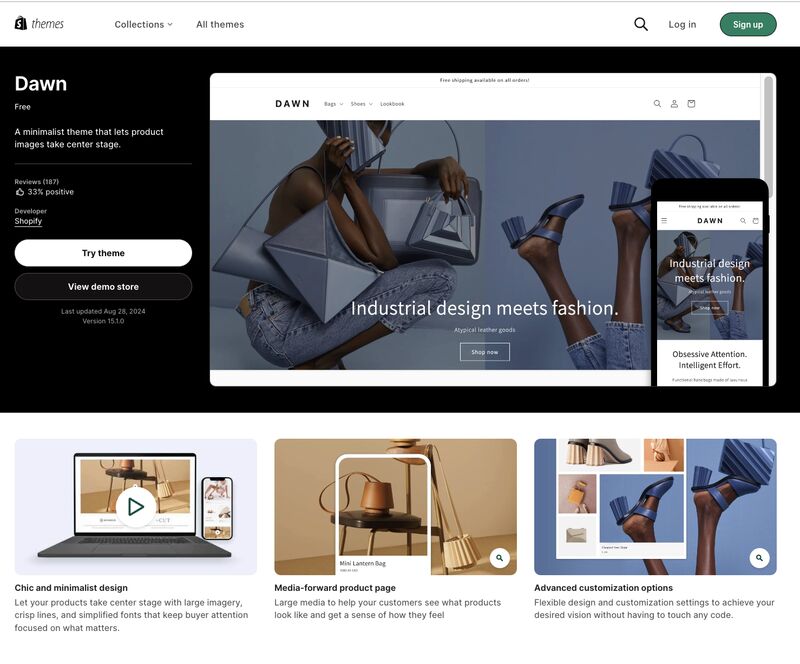 Shopify Dawn Website Theme preview and demo store 